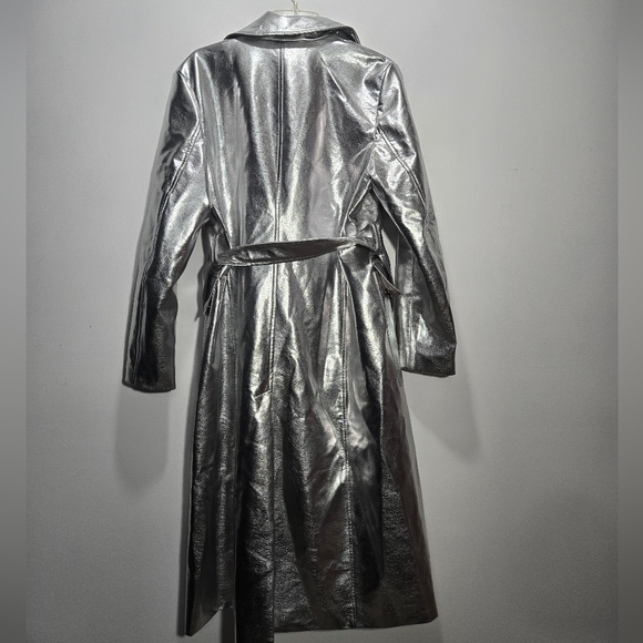 Anthropologie Avec Les Filles Metallic Faux Leather Trench Coat Silver L - Picture 4 of 11